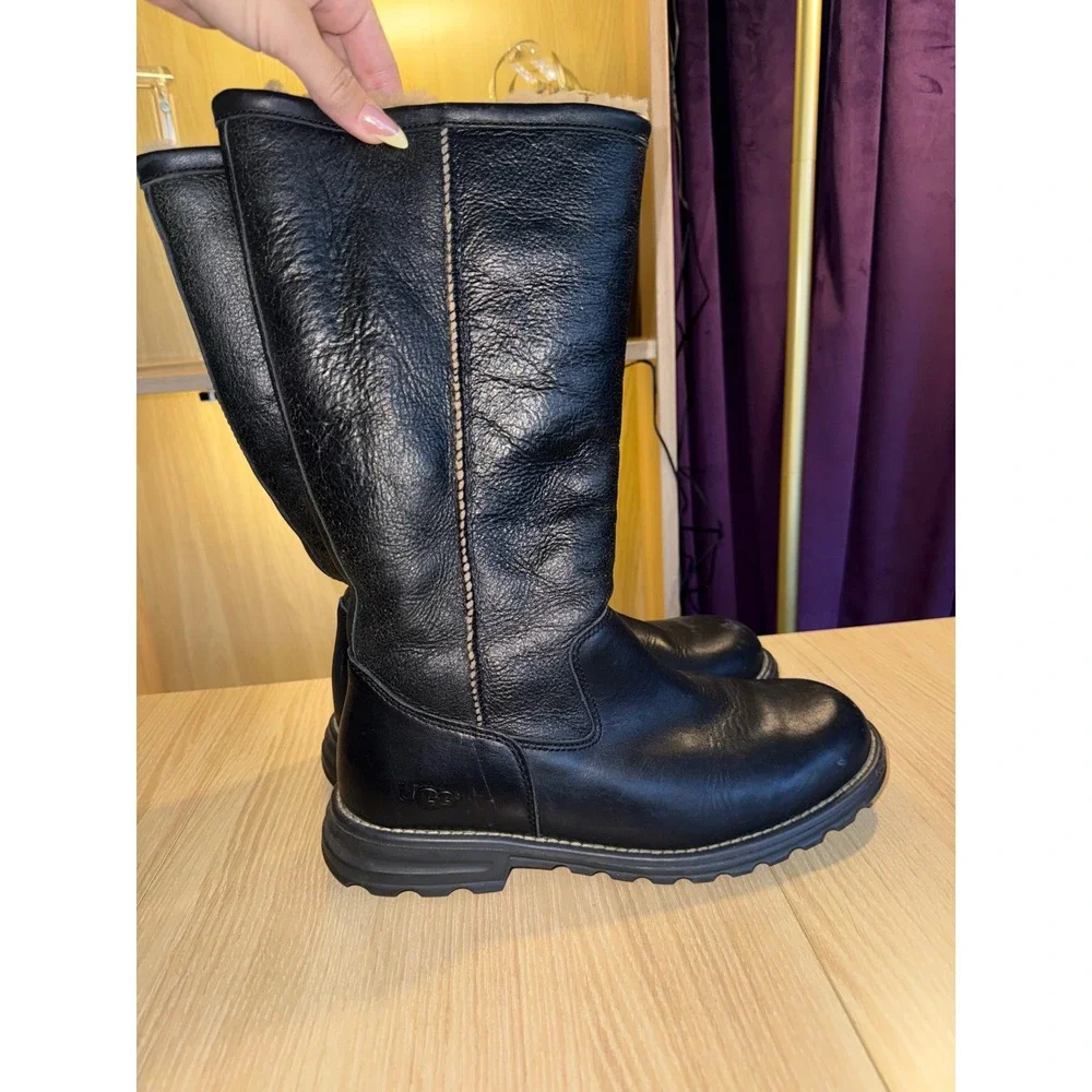 UGG Australia Women Black Leather Shearling Lined Tall Winter Boots Size 10